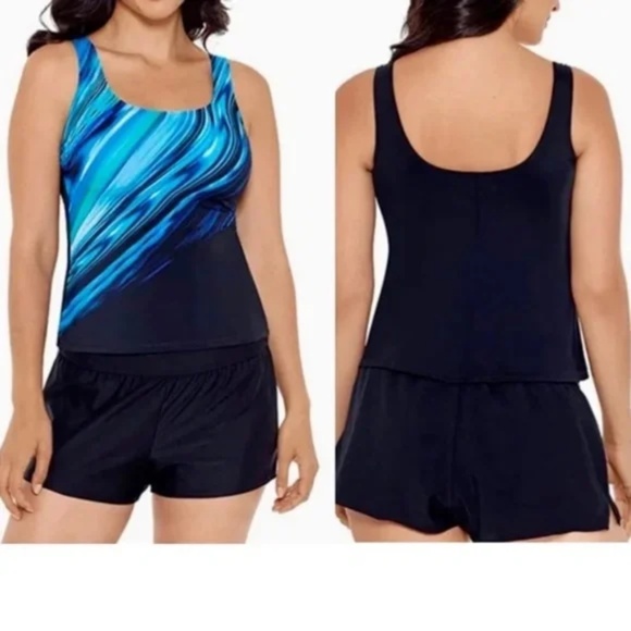 NWT Reebok Glowing Strong Printed Scoop Neck Blue Tankini Swim Top Size 18 - Picture 1 of 9